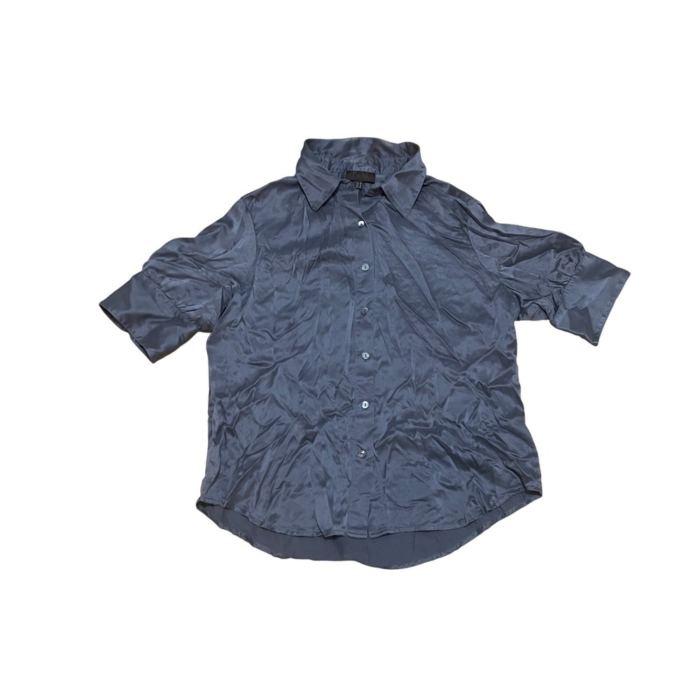 Pure Collection Women's 12 Silk Gray Short Sleeve Button Down Blouse Office Work